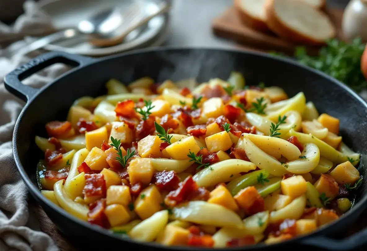 „Můžu to uvařit za 10 minut pro celou rodinu“: můj neuvěřitelně chutný recept na zapékanou směs z pórku, jablek a slaniny, tak jednoduchý a rychlý.