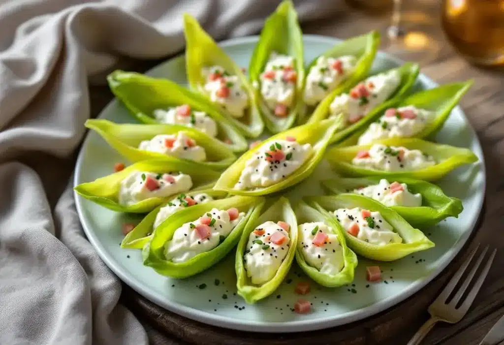 Malé podnosy s endiví a šunkou pro velmi rychlé občerstvení.